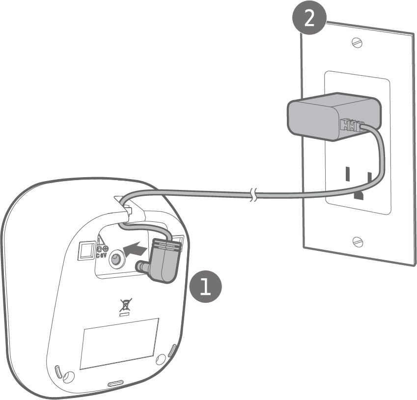 Connect the small end of the power adapter to the jack at the back of the handset charger and the large end to an electrial outlet.